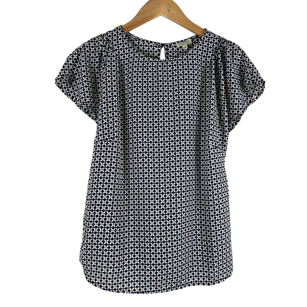 Lily White Womens Geometric Tile Print Short Sleeve Blouse Black White Tan Small
